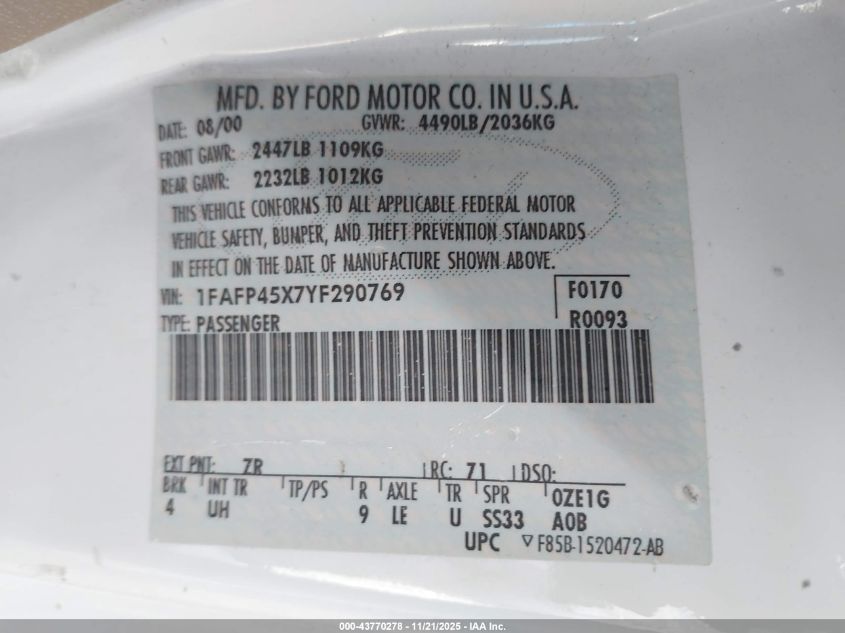 2000 Ford Mustang Gt VIN: 1FAFP45X7YF290769 Lot: 43770278