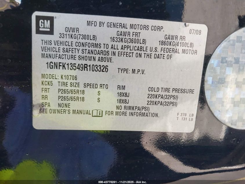 2009 Chevrolet Tahoe Hybrid VIN: 1GNFK13549R103326 Lot: 43770281