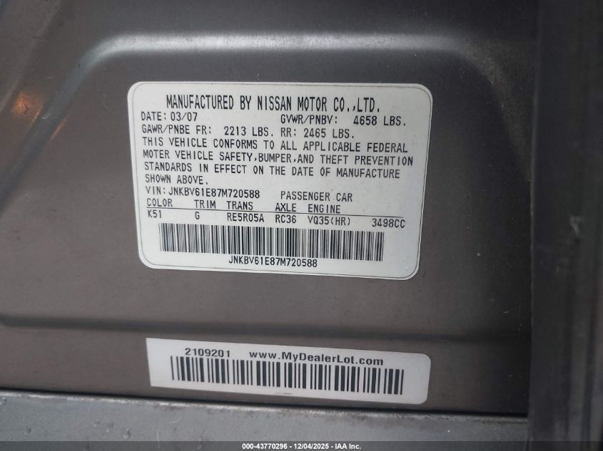 2007 Infiniti G35 Journey VIN: JNKBV61E87M720588 Lot: 43770296