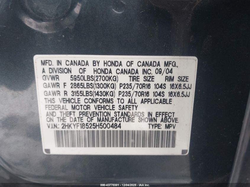 2005 Honda Pilot Ex-L VIN: 2HKYF18525H500484 Lot: 43770301