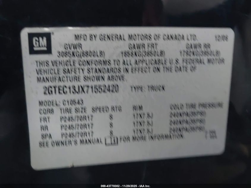 2007 GMC Sierra 1500 Sle1 VIN: 2GTEC13JX71552420 Lot: 43770302