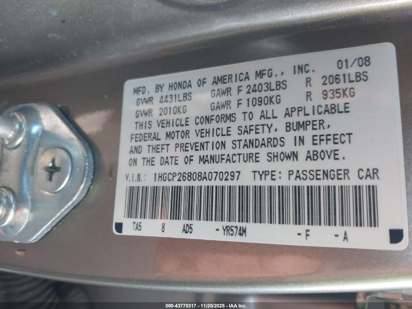 2008 Honda Accord 2.4 Ex-L VIN: 1HGCP26808A070297 Lot: 43770317