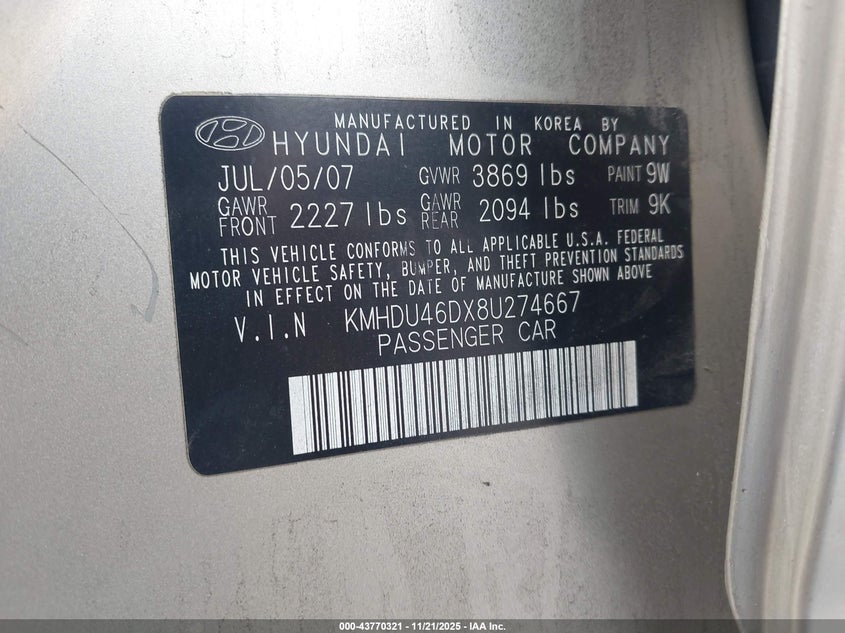 KMHDU46DX8U274667 2008 HYUNDAI ELANTRA photo no. 9