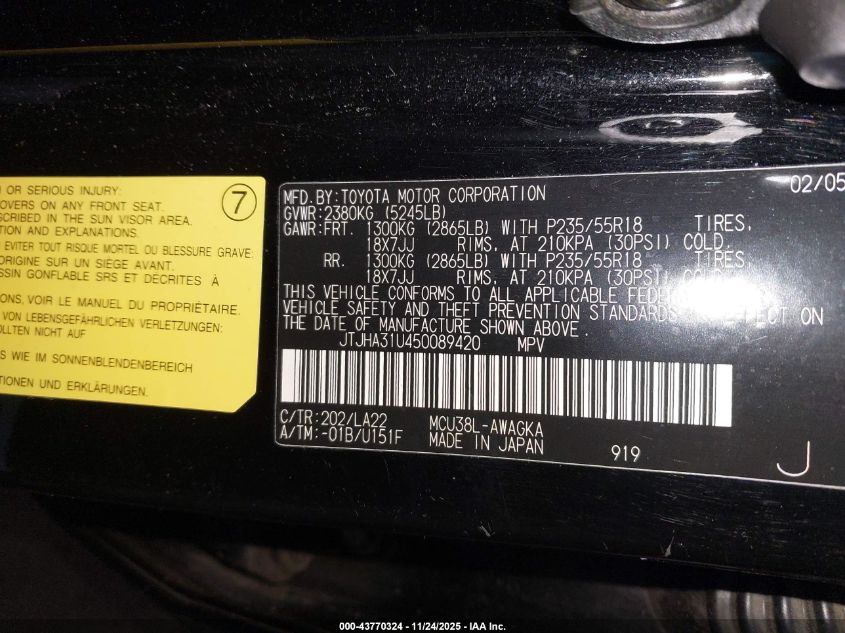 2005 Lexus Rx 330 VIN: JTJHA31U450089420 Lot: 43770324