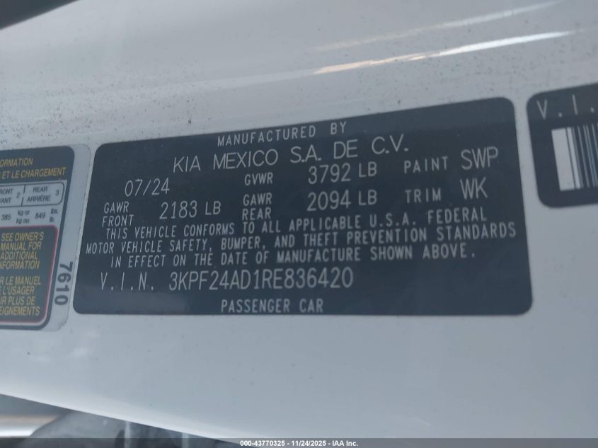 2024 Kia Forte Lxs VIN: 3KPF24AD1RE836420 Lot: 43770325