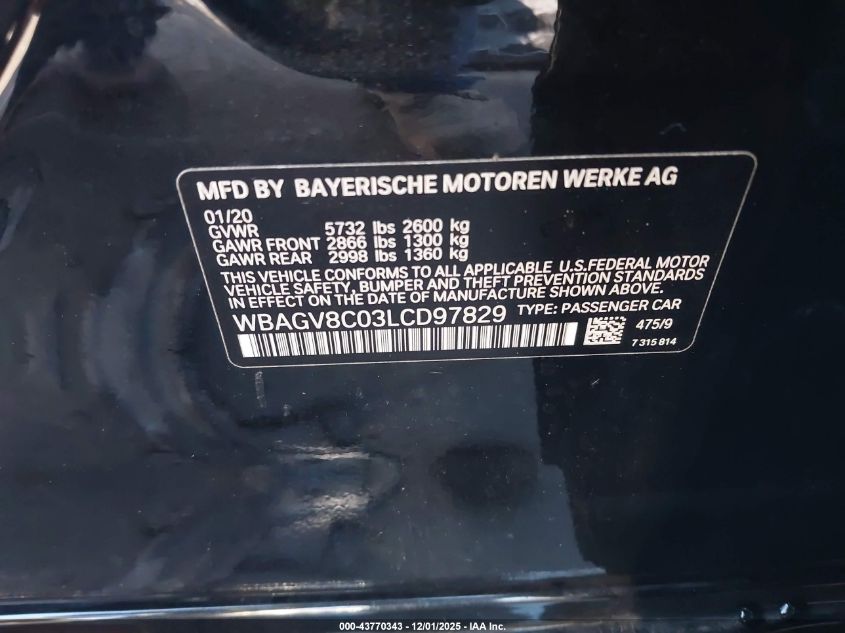 2020 BMW M850I Gtan Coupe xDrive VIN: WBAGV8C03LCD97829 Lot: 43770343