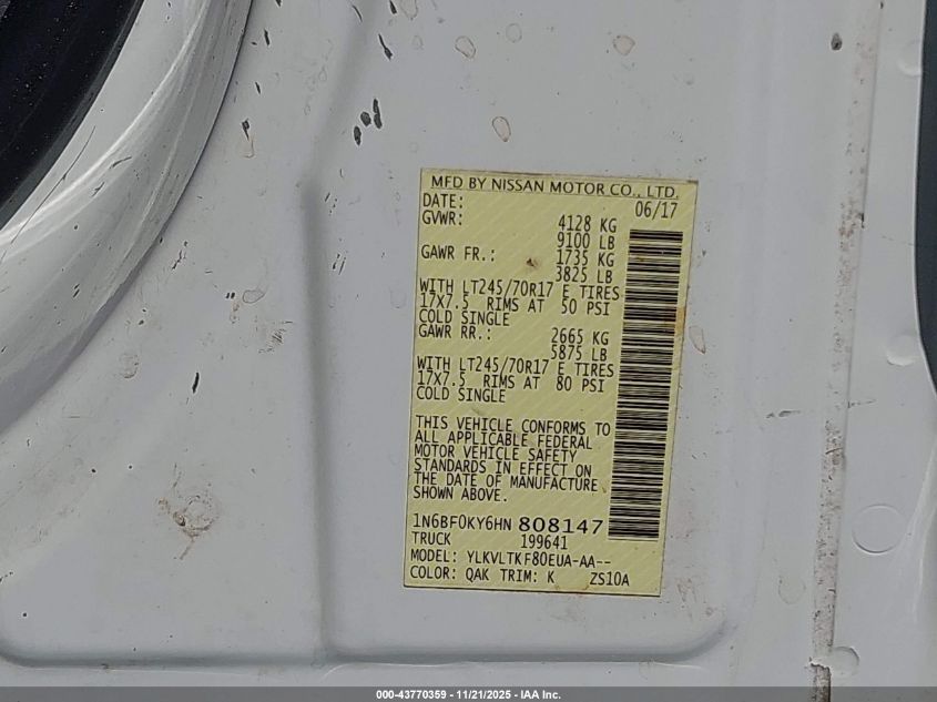 2017 Nissan Nv Cargo Nv2500 Hd Sv V6 VIN: 1N6BF0KY6HN808147 Lot: 43770359