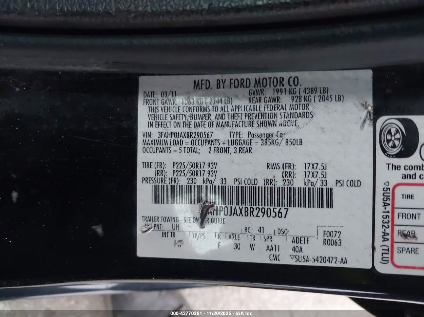 2011 Ford Fusion Sel VIN: 3FAHP0JAXBR290567 Lot: 43770361