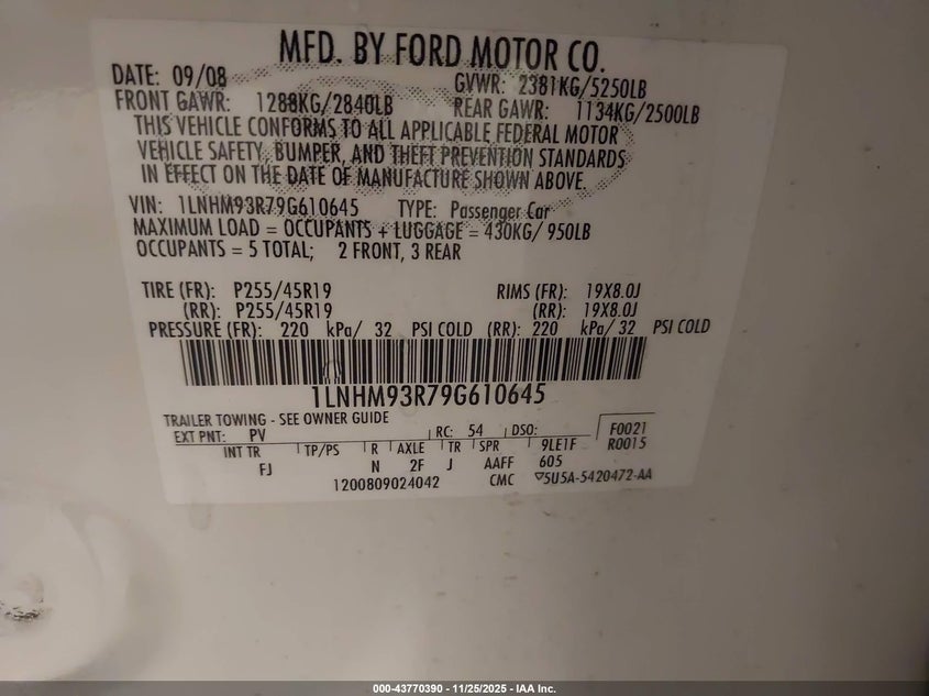 2009 Lincoln Mks VIN: 1LNHM93R79G610645 Lot: 43770390