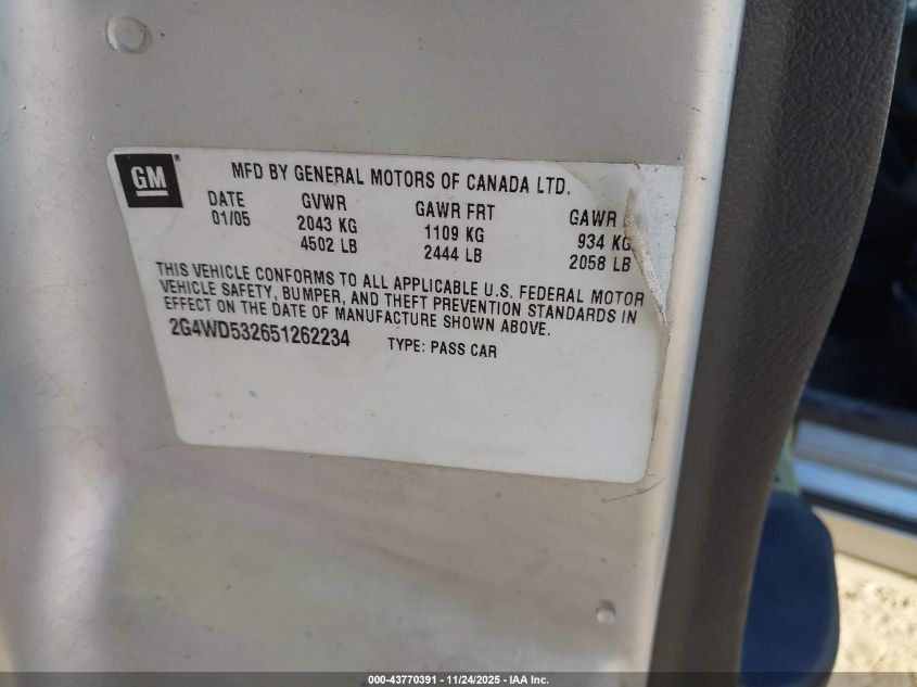 2005 Buick Lacrosse Cxl VIN: 2G4WD532651262234 Lot: 43770391