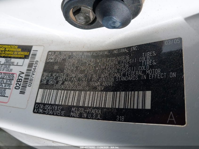 2005 Toyota Sienna Le VIN: 5TDZA23C85S308768 Lot: 43770392