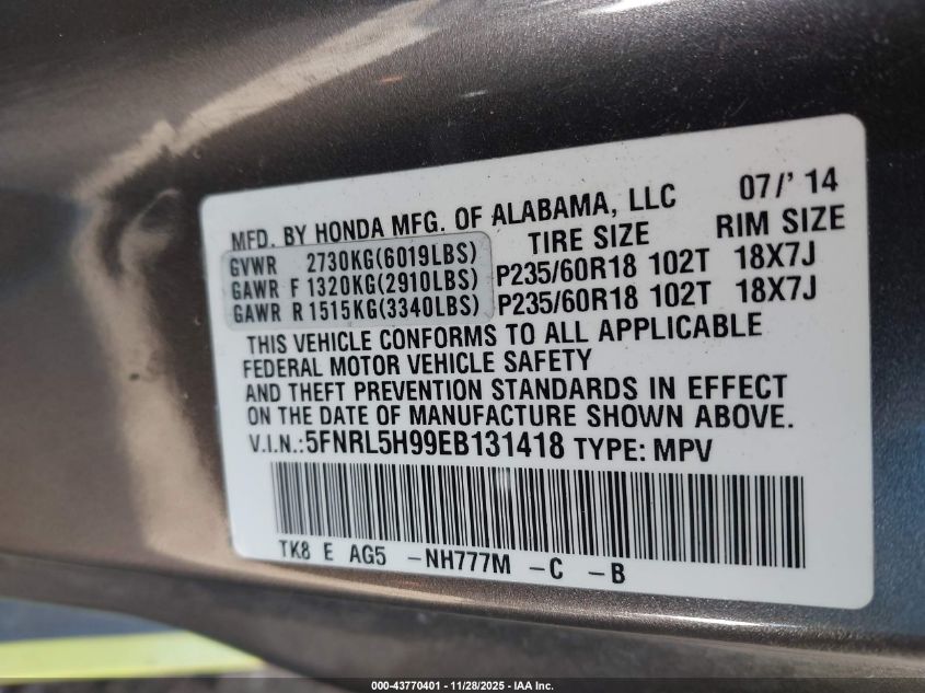 2014 Honda Odyssey Touring/Touring Elite VIN: 5FNRL5H99EB131418 Lot: 43770401