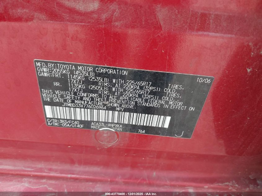 2007 Toyota Rav4 VIN: JTMBD33V776026964 Lot: 43770408