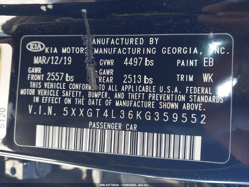 2019 Kia Optima Lx VIN: 5XXGT4L36KG359552 Lot: 43770434