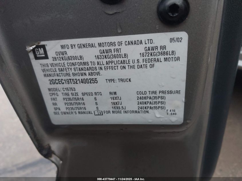 2002 Chevrolet Silverado 1500 Ls VIN: 2GCEC19T521400255 Lot: 43770447