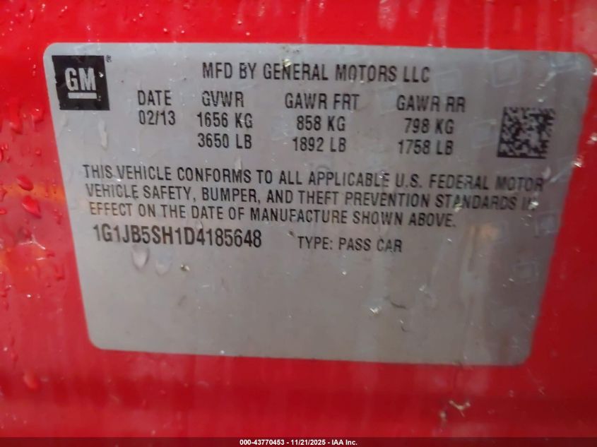 2013 Chevrolet Sonic Ls Manual VIN: 1G1JB5SH1D4185648 Lot: 43770453