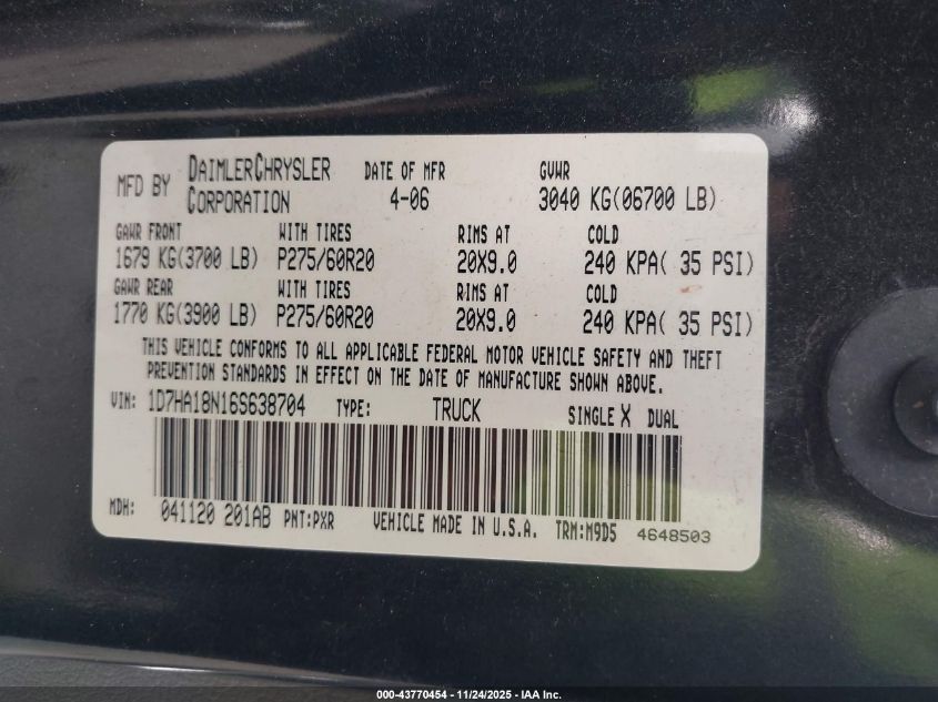 2006 Dodge Ram 1500 Slt VIN: 1D7HA18N16S638704 Lot: 43770454