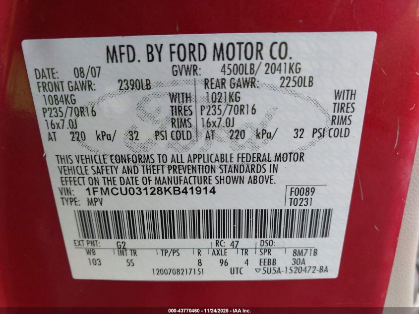 2008 Ford Escape Xlt VIN: 1FMCU03128KB41914 Lot: 43770460