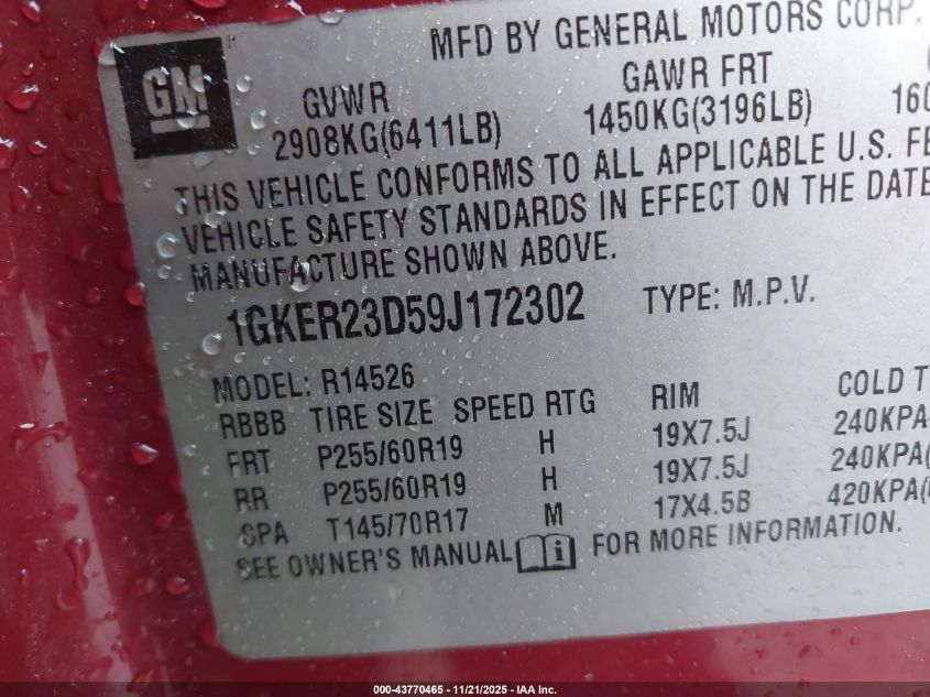 2009 GMC Acadia Slt-1 VIN: 1GKER23D59J172302 Lot: 43770465