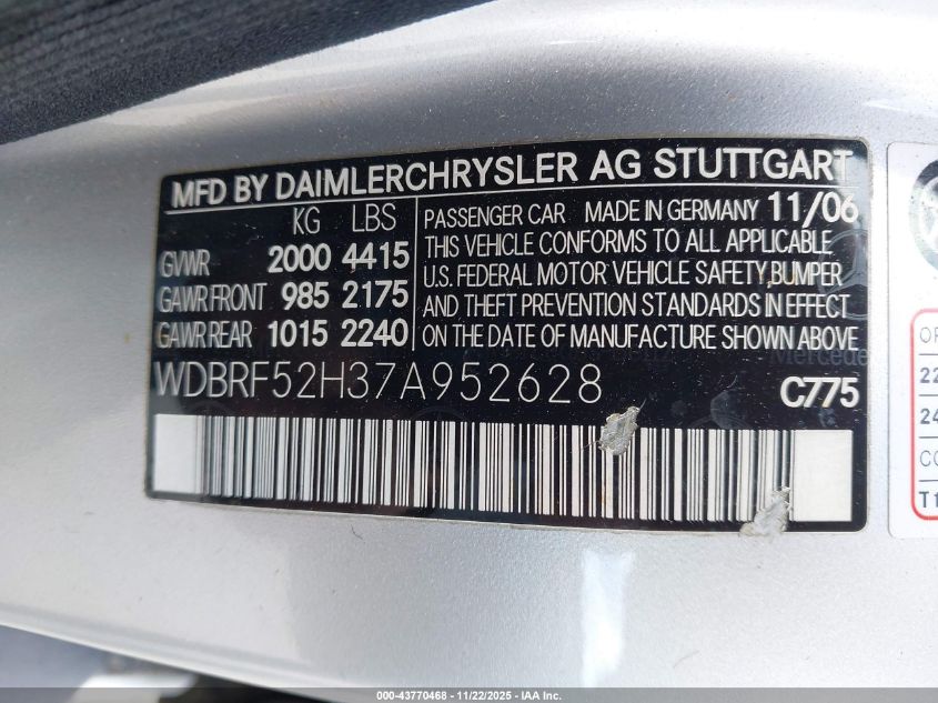 2007 Mercedes-Benz C 230 Sport VIN: WDBRF52H37A952628 Lot: 43770468