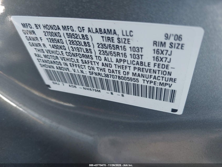 2007 Honda Odyssey Ex-L VIN: 5FNRL38707B005955 Lot: 43770470