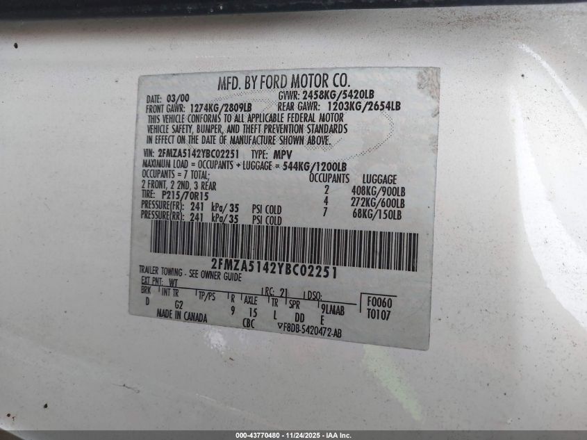 2000 Ford Windstar Lx VIN: 2FMZA5142YBC02251 Lot: 43770480