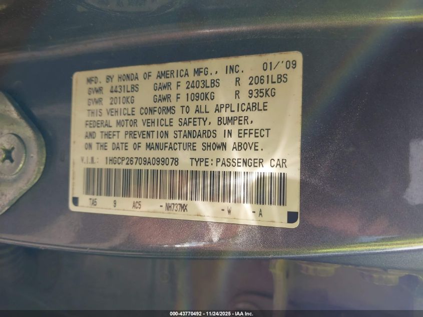 2009 Honda Accord 2.4 Ex VIN: 1HGCP26709A099078 Lot: 43770492