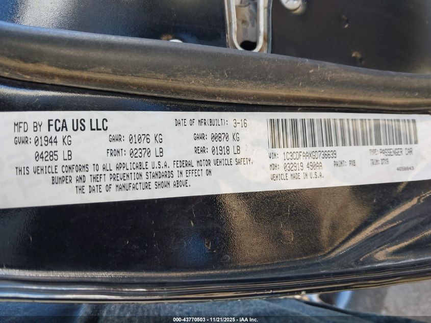 2016 Dodge Dart Se VIN: 1C3CDFAAXGD736639 Lot: 43770503