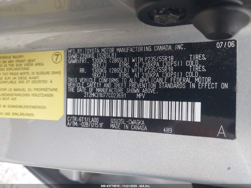 2007 Lexus Rx 350 VIN: 2T2HK31U77C023691 Lot: 43770510