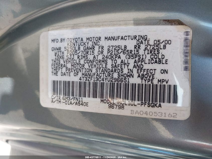 2000 Toyota Sienna Le VIN: 4T3ZF13C4YU296651 Lot: 43770511