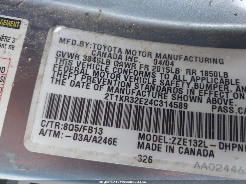 2004 Toyota Matrix Xr VIN: 2T1KR32E24C314589 Lot: 43770514