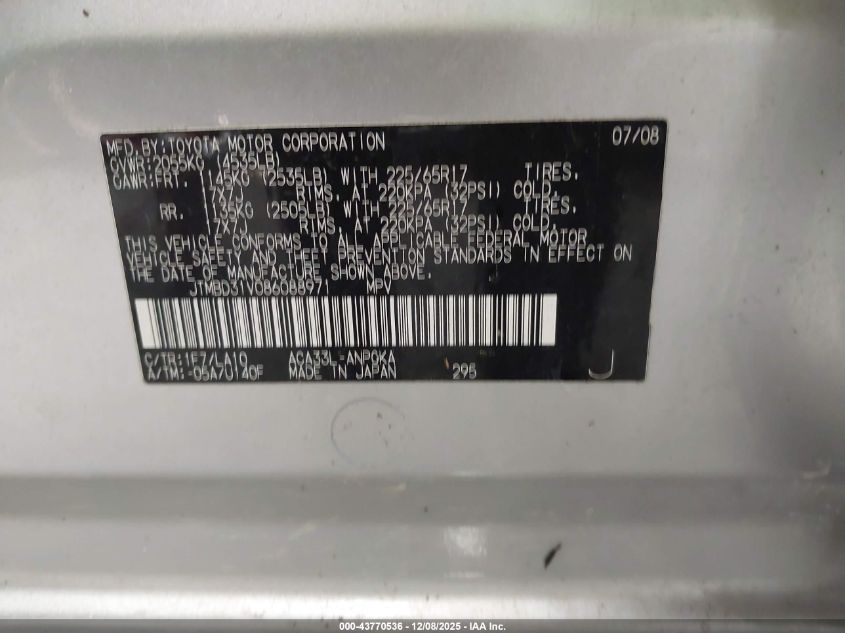 2008 Toyota Rav4 Limited VIN: JTMBD31V086088971 Lot: 43770536