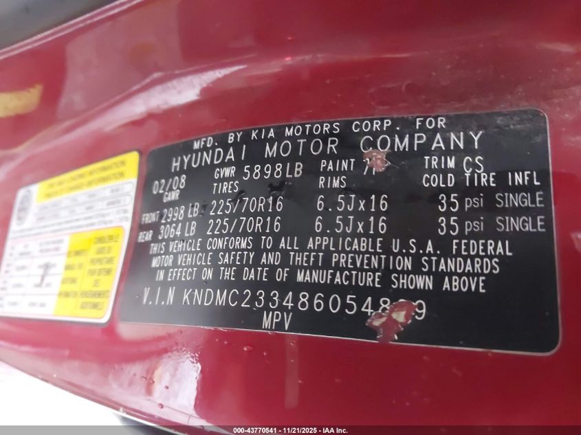 2008 Hyundai Entourage Gls/Limited VIN: KNDMC233486054839 Lot: 43770541