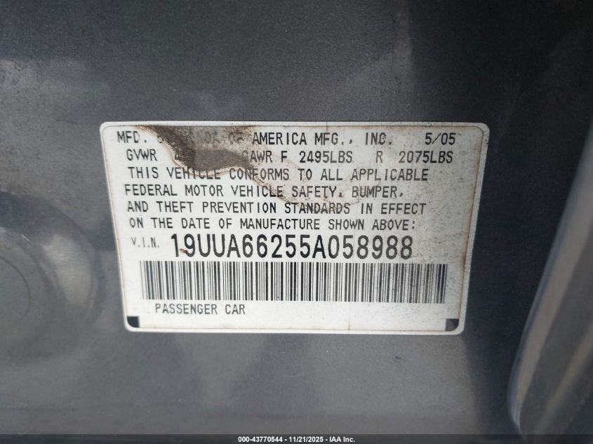 2005 Acura Tl VIN: 19UUA66255A058988 Lot: 43770544