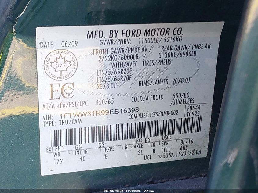 2009 Ford F-350 Lariat VIN: 1FTWW31R99EB16398 Lot: 43770562