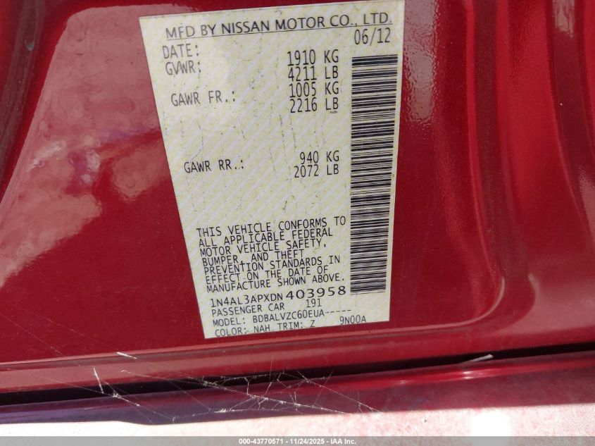 2013 Nissan Altima VIN: IN4AL3APXDN403958 Lot: 43770571