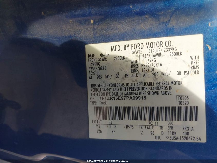 2007 Ford Ranger Fx4 Off-Road/Sport/Xl/Xlt VIN: 1FTZR15E97PA09918 Lot: 43770572