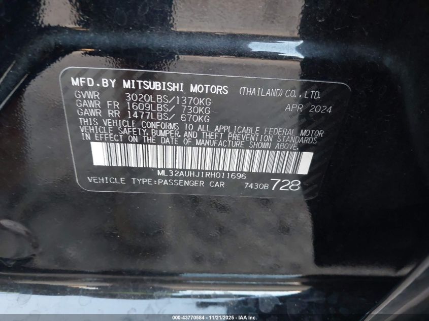 2024 Mitsubishi Mirage Es/Le VIN: ML32AUHJ1RH011696 Lot: 43770584