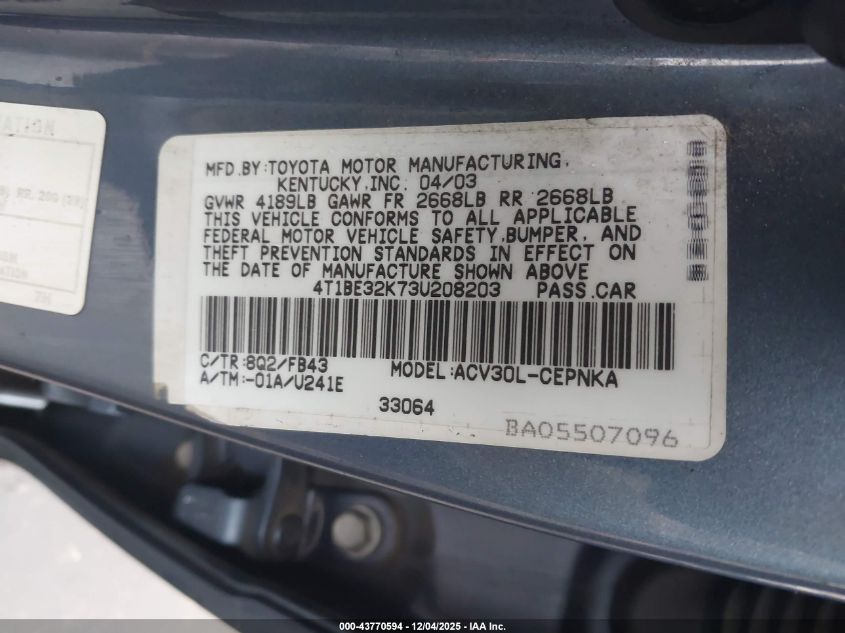 2003 Toyota Camry Le VIN: 4T1BE32K73U208203 Lot: 43770594