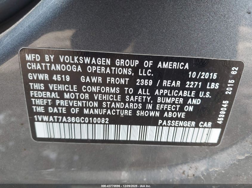 2016 Volkswagen Passat 1.8T S VIN: 1VWAT7A36GC010082 Lot: 43770596