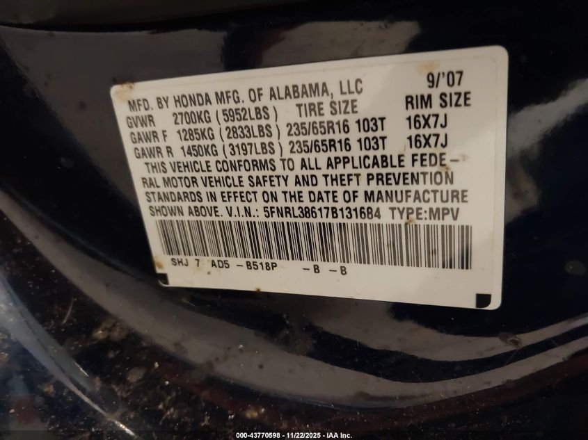 2007 Honda Odyssey Ex-L VIN: 5FNRL38617B131684 Lot: 43770598