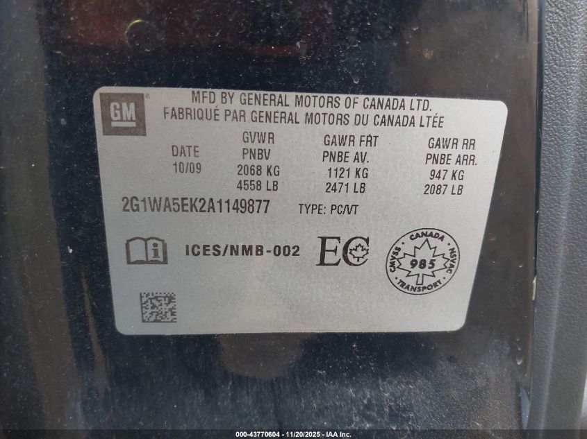 2010 Chevrolet Impala Ls VIN: 2G1WA5EK2A1149877 Lot: 43770604