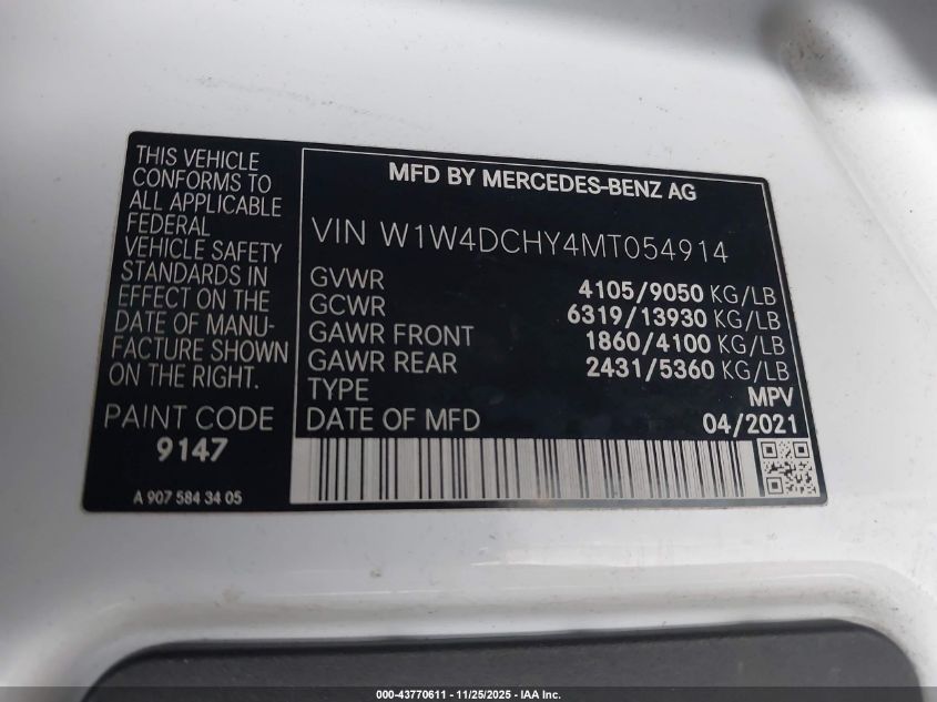 2021 Mercedes-Benz Sprinter 2500 High Roof I4 Diesel VIN: W1W4DCHY4MT054914 Lot: 43770611