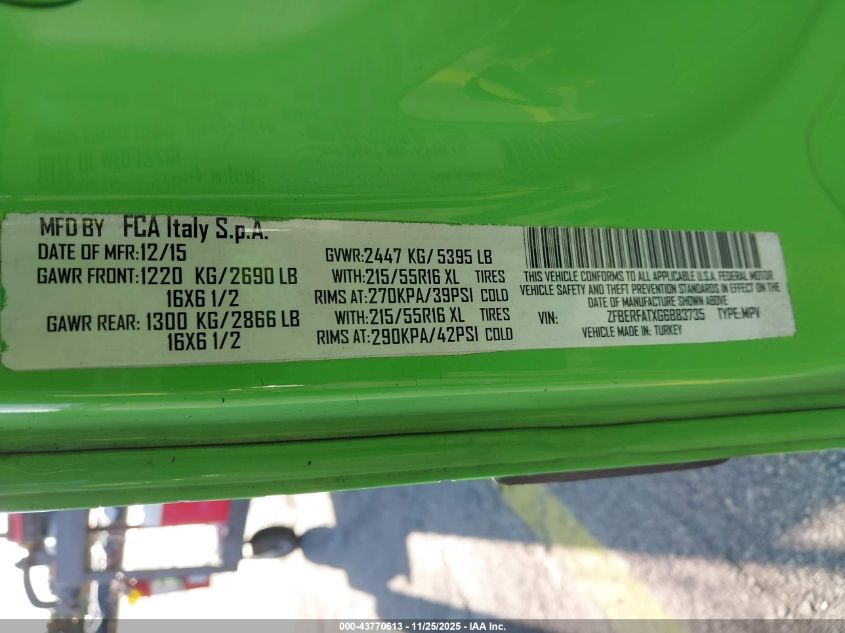 2016 Ram Promaster City Tradesman VIN: ZFBERFATXG6B83735 Lot: 43770613