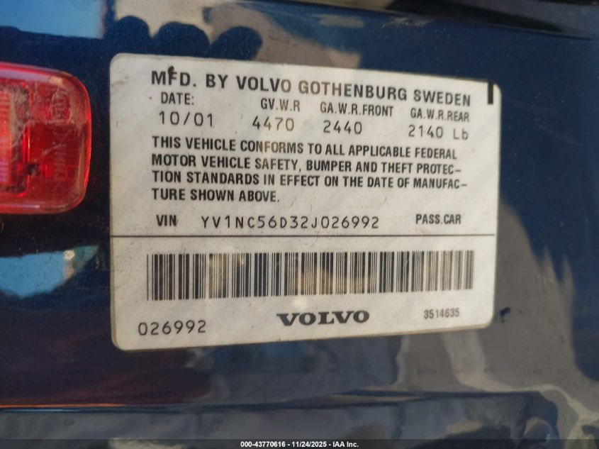 2002 Volvo C70 Lt VIN: YV1NC56D32J026992 Lot: 43770616