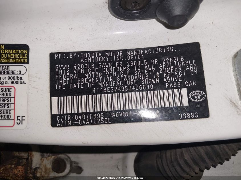 2005 Toyota Camry Le VIN: 4T1BE32K95U406610 Lot: 43770625