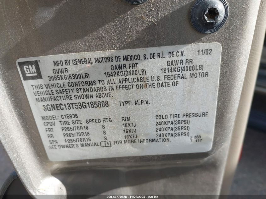 2003 Chevrolet Avalanche 1500 VIN: 3GNEC13T53G185808 Lot: 43770628