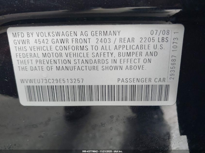 2009 Volkswagen Cc Vr6 Sport VIN: WVWEU73C29E513257 Lot: 43770642