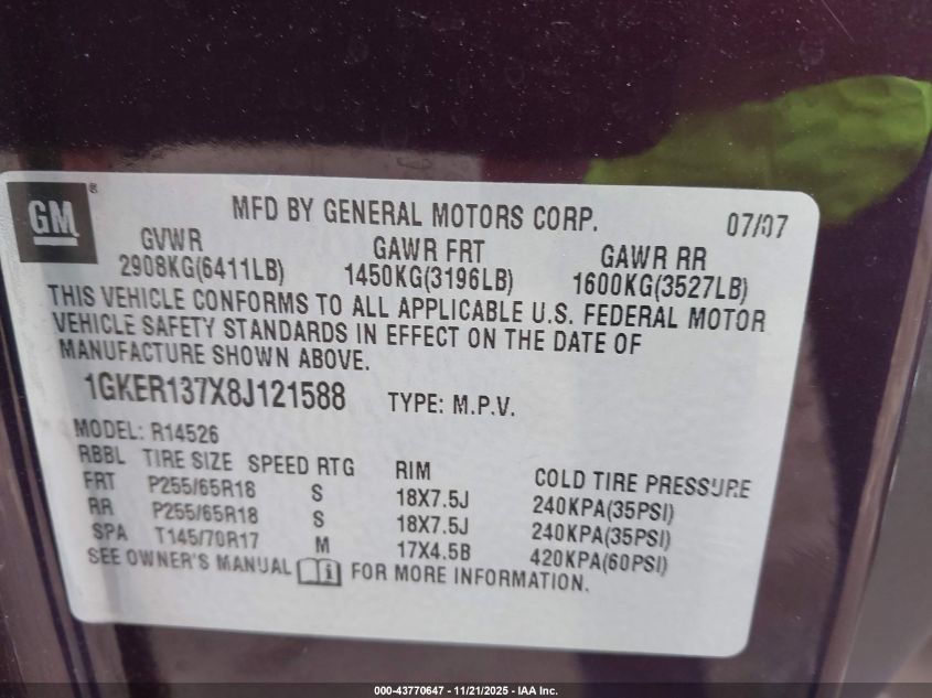 2008 GMC Acadia Sle-1 VIN: 1GKER137X8J121588 Lot: 43770647