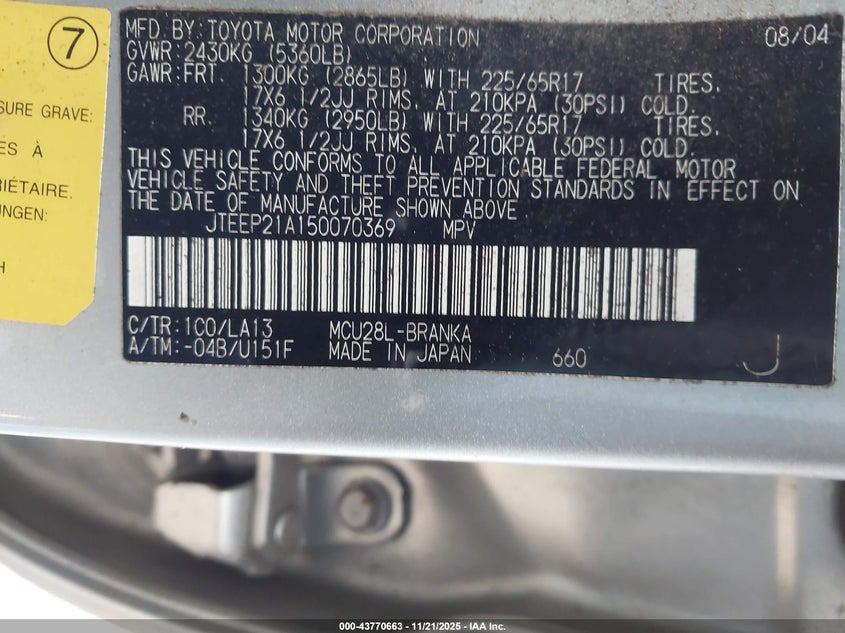 JTEEP21A150070369 2005 TOYOTA HIGHLANDER photo no. 9